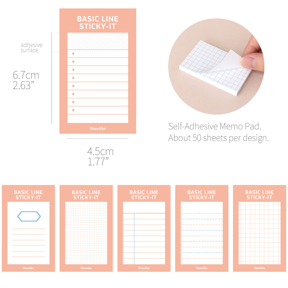 Monolike Basic Line Orange Sticky-it - 6p Set Self-Adhesive Memo Pad 50 Sheets