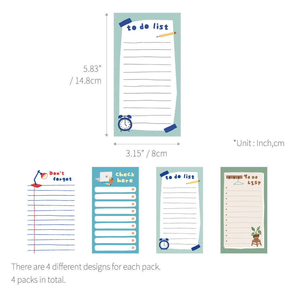 Monolike Memopad Ordinary days SET - 4 Packs, 4 Different Designs, 80 Sheets Per Pad, Total 320 Sheets, Note pads, Writing pads, 80x148mm