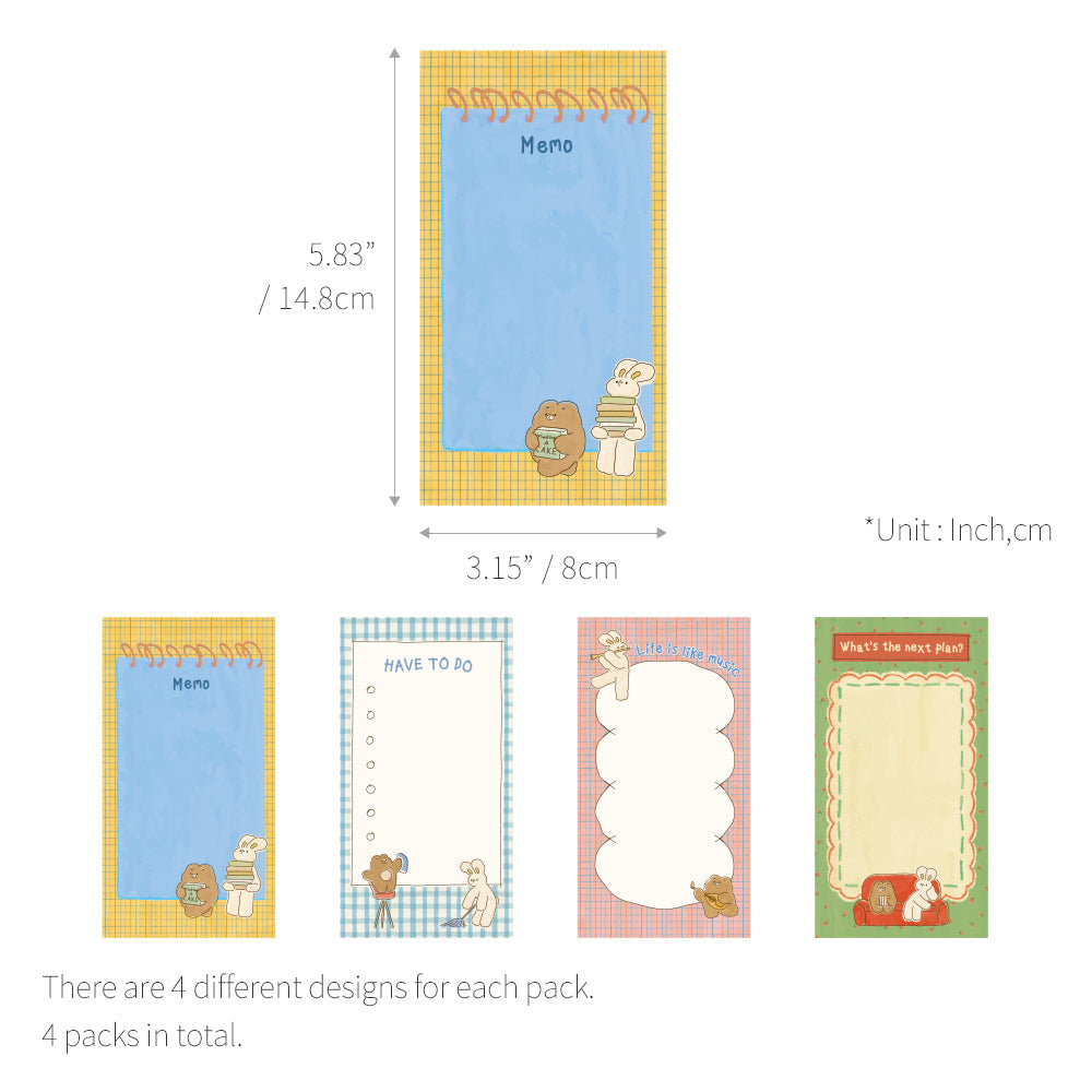 Monolike Memopad Unmatched Friends Series.1 4P SET - 4 Packs, 4 Different Designs, 80 Sheets Per Pad, Total 320 Sheets, Note pads, Writing pads, 80x148mm