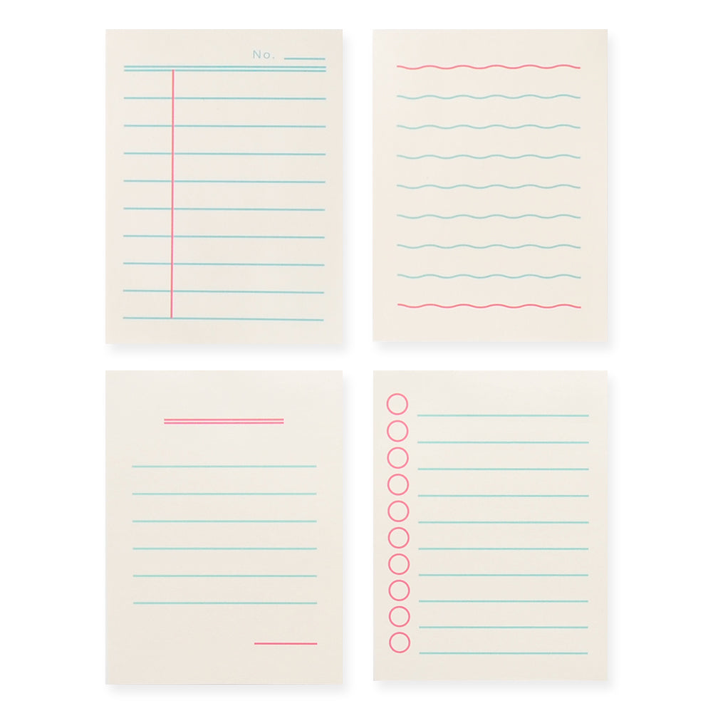 Monolike Memopad Boldline design SET - 4 Packs, 4 Different Designs, 100 Sheets Per Pad, Total 400 Sheets, Note pads, Writing pads, 3.15 x 4.17 Inches