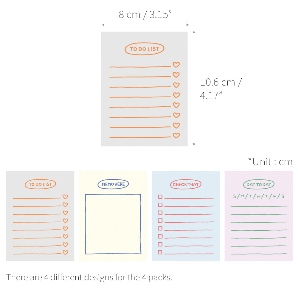 Monolike Memopad Sketch Planning design SET - 4 Packs, 4 Different Designs, 100 Sheets Per Pad, Total 400 Sheets, Note pads, Writing pads, 3.15 x 4.17 Inches