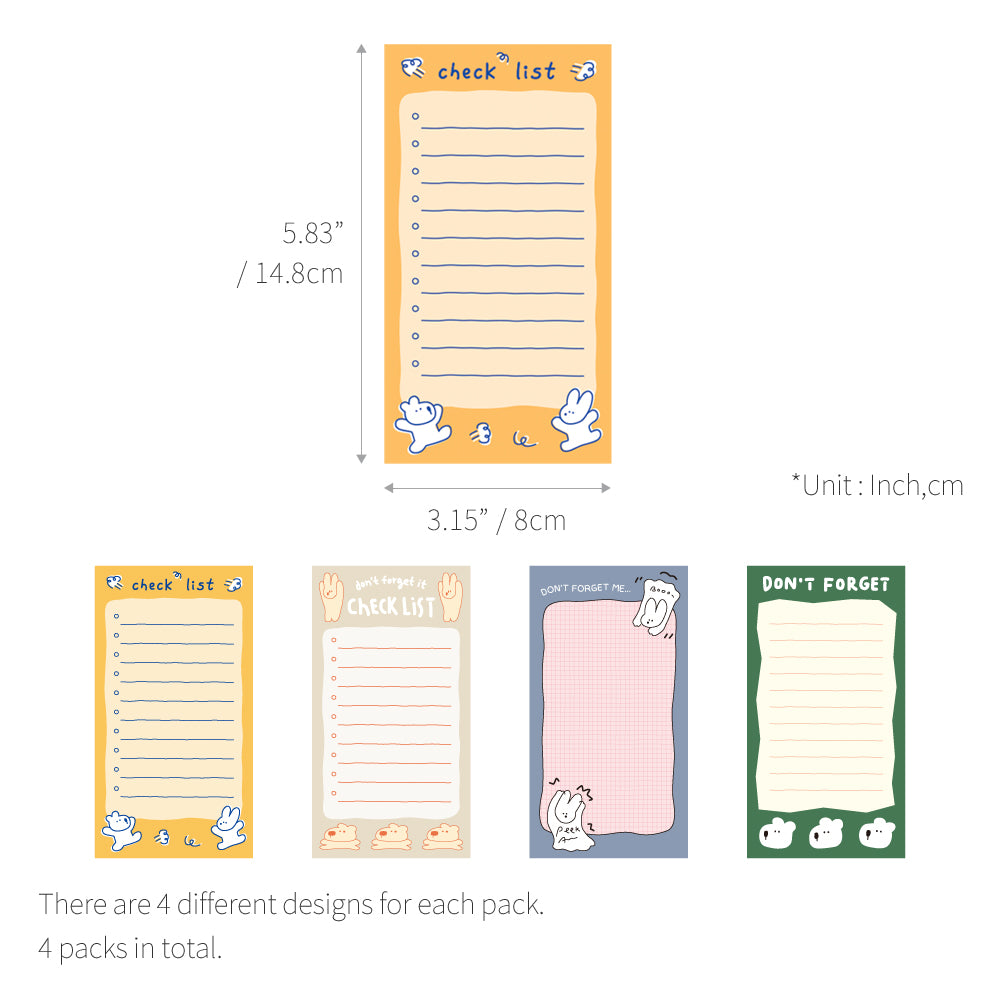 Monolike Memopad Happy and Lucky Petit Petit A SET - 4 Packs, 4 Different Designs, 80 Sheets Per Pad, Total 320 Sheets, Note pads, Writing pads, 80x148mm