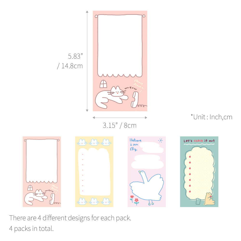 Monolike Memopad Storytown Afternoon A SET - 4 Packs, 4 Different Designs, 80 Sheets Per Pad, Total 320 Sheets, Note pads, Writing pads, 80x148mm