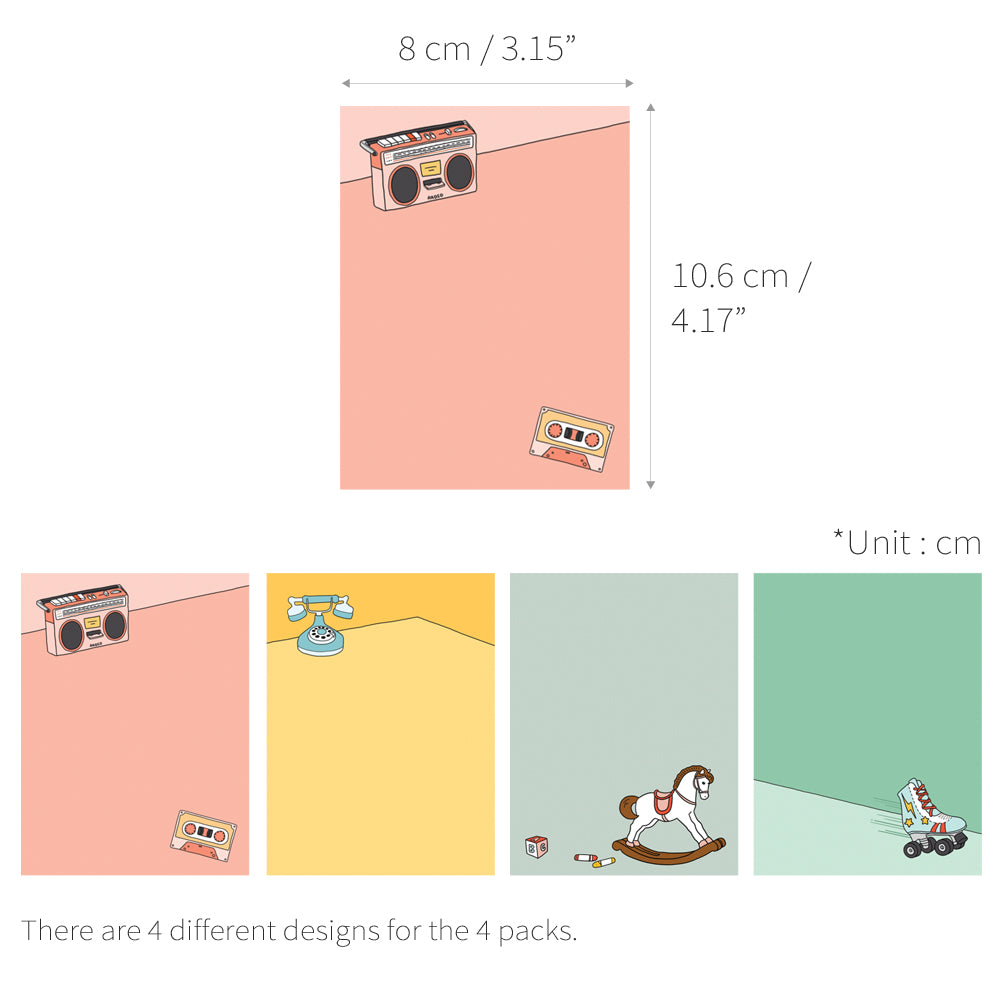 Monolike Memopad Memories design A SET - 4 Packs, 4 Different Designs, 100 Sheets Per Pad, Total 400 Sheets, Note pads, Writing pads, 3.15 x 4.17 Inches