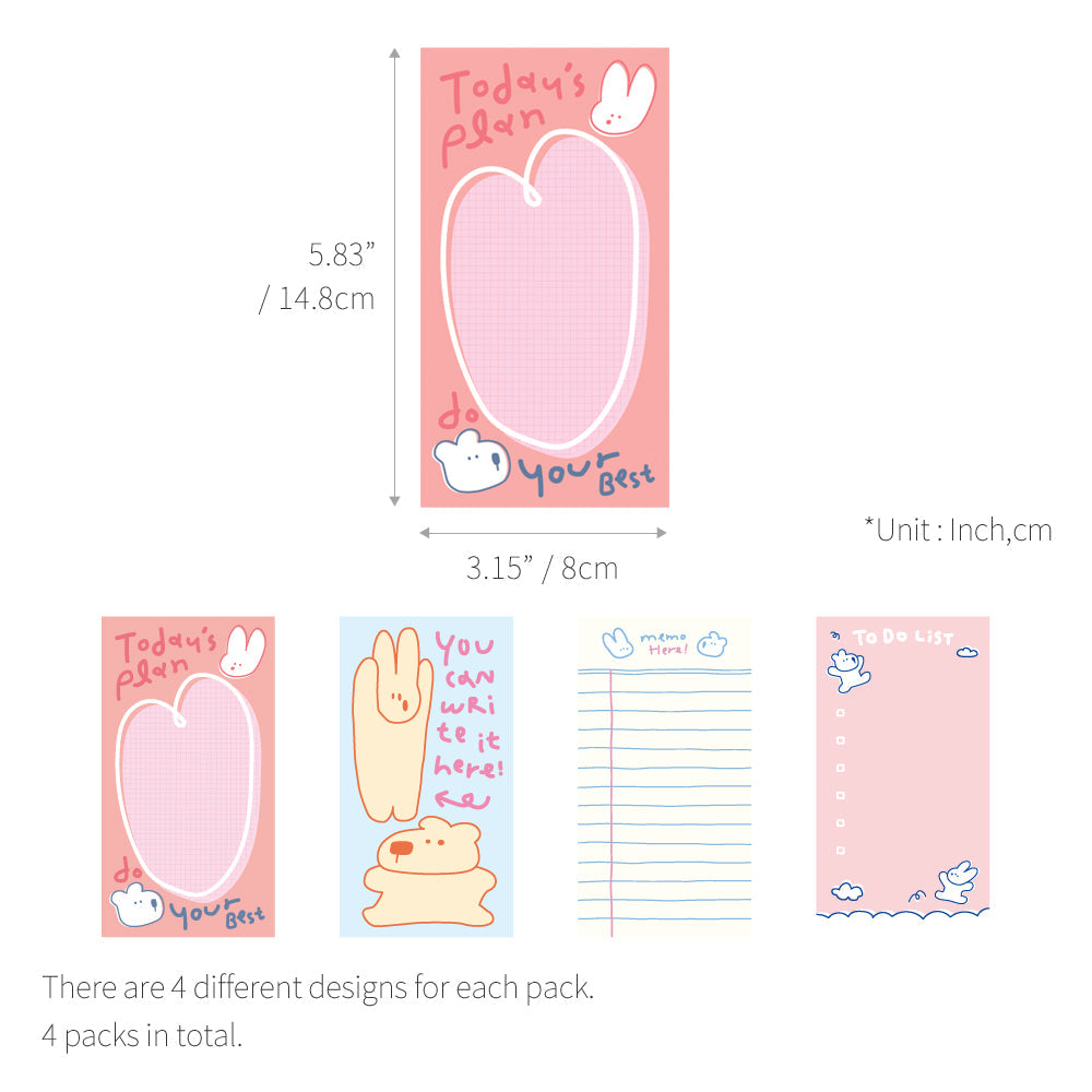 Monolike Memopad Happy and Lucky Petit Petit B SET - 4 Packs, 4 Different Designs, 80 Sheets Per Pad, Total 320 Sheets, Note pads, Writing pads, 80x148mm