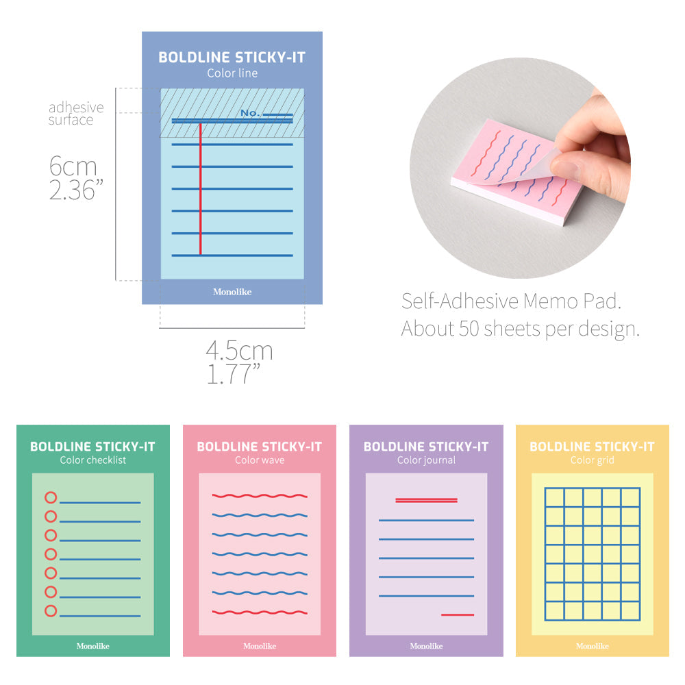 Monolike Color Boldline Sticky-It - 5p Set Self-Adhesive Memo Pad 50 Sheets