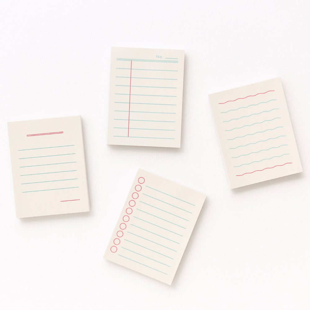Monolike Memopad Boldline design SET - 4 Packs, 4 Different Designs, 100 Sheets Per Pad, Total 400 Sheets, Note pads, Writing pads, 3.15 x 4.17 Inches