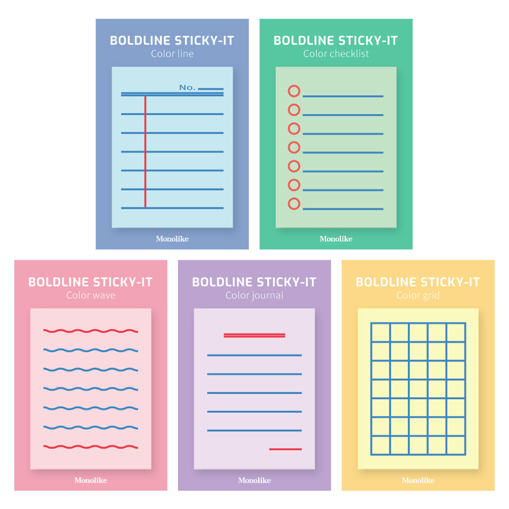 Monolike Color Boldline Sticky-It - 5p Set Self-Adhesive Memo Pad 50 Sheets