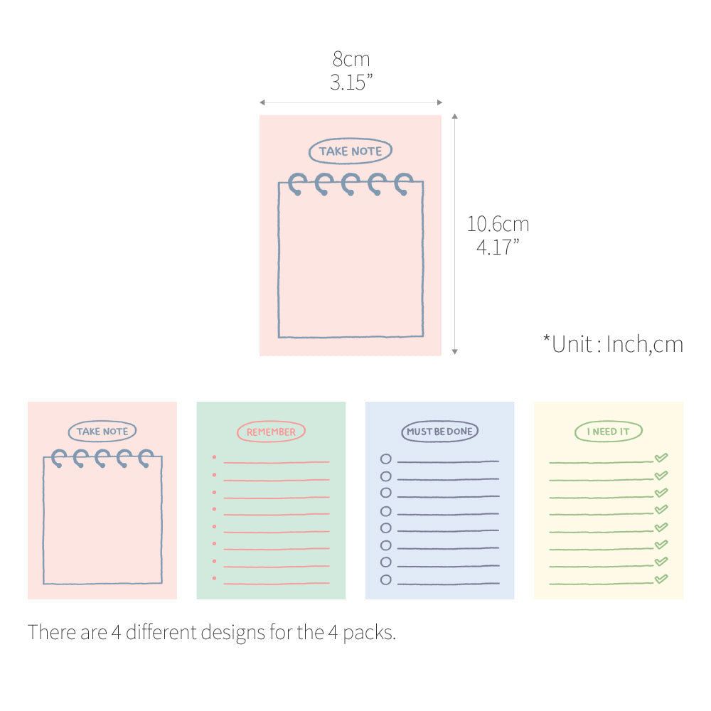 Monolike Memopad Sketch Planning Ver.2 design SET - 4 Packs, 4 Different Designs, 100 Sheets Per Pad, Total 400 Sheets, Note pads, Writing pads