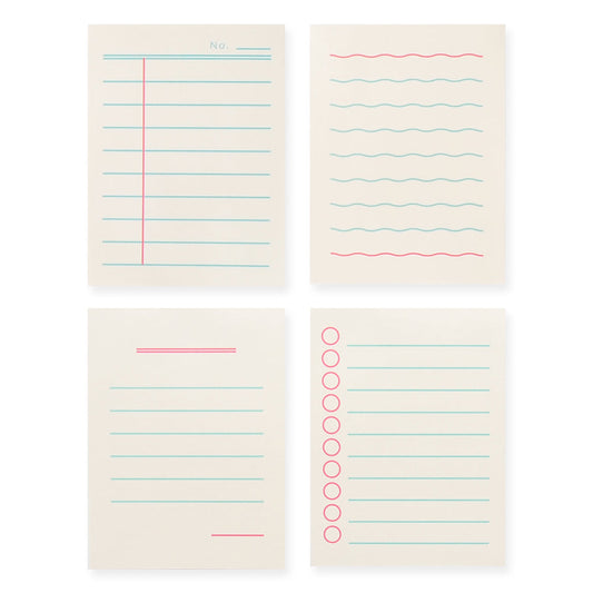 Monolike Memopad Boldline design SET - 4 Packs, 4 Different Designs, 100 Sheets Per Pad, Total 400 Sheets, Note pads, Writing pads, 3.15 x 4.17 Inches