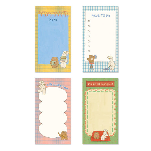 Monolike Memopad Unmatched Friends Series.1 4P SET - 4 Packs, 4 Different Designs, 80 Sheets Per Pad, Total 320 Sheets, Note pads, Writing pads, 80x148mm