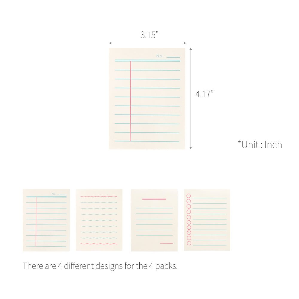 Monolike Memopad Boldline design SET - 4 Packs, 4 Different Designs, 100 Sheets Per Pad, Total 400 Sheets, Note pads, Writing pads, 3.15 x 4.17 Inches